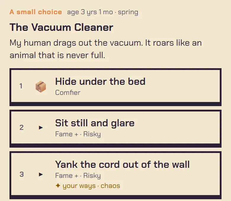 “✦ your ways · chaos”: a cat that keeps choosing mischief gets a third option.