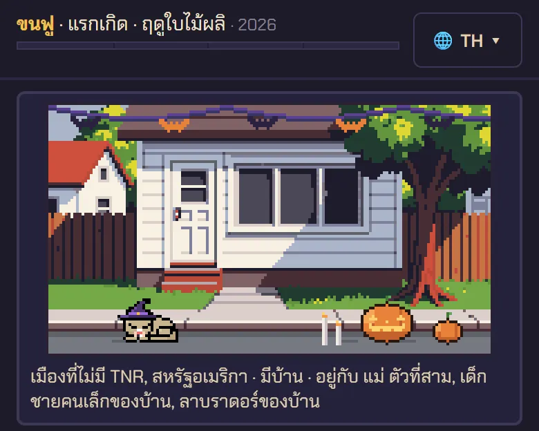 ลูกแมวใส่หมวกแม่มดในบ้านที่สหรัฐอเมริกา มีค้างคาวและฟักทองแกะสลัก