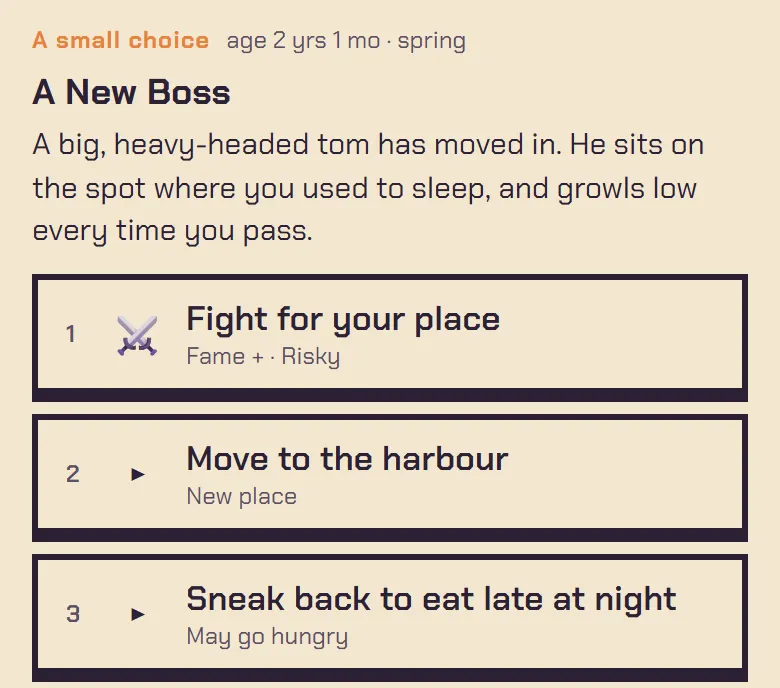 A New Boss — fight for your place, move to the harbour, or sneak back at night.