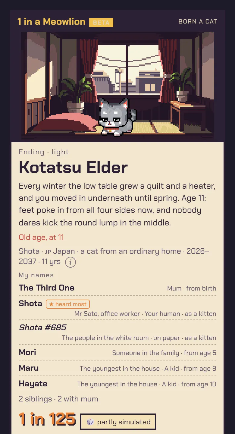 Kotatsu Elder — one of the new endings, for a Japanese home cat.