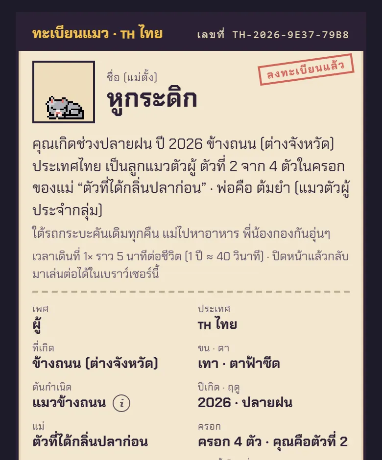 ใบทะเบียนของลูกแมวแรกเกิดบนถนนในประเทศไทย